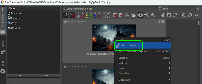 RawTherapee — добавление кадра в очередь обработки