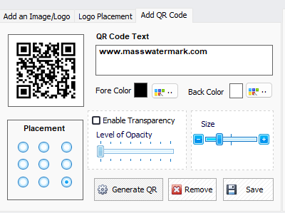 Модуль Add QR Code в Mass Watermark: QR Code Text, Fore Color, Back Color, Enable Transparency, Level of Opacity, Size, Placement, Generate QR, Remove и Save