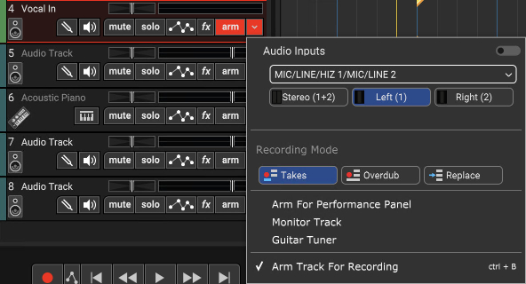 Выбор входа и подготовка аудиодорожки к записи в Acoustica Mixcraft