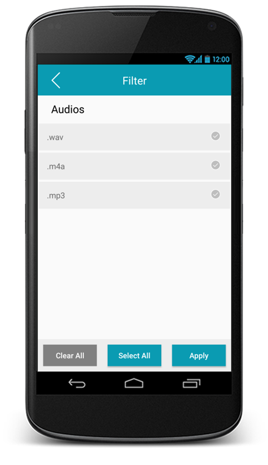 Экран Filter в Android-версии Remo Duplicate File Remover с расширениями .wav, .m4a и .mp3