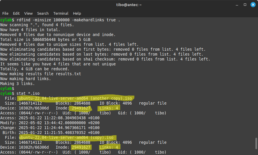 Rdfind заменяет дубликаты hard links и показывает количество links