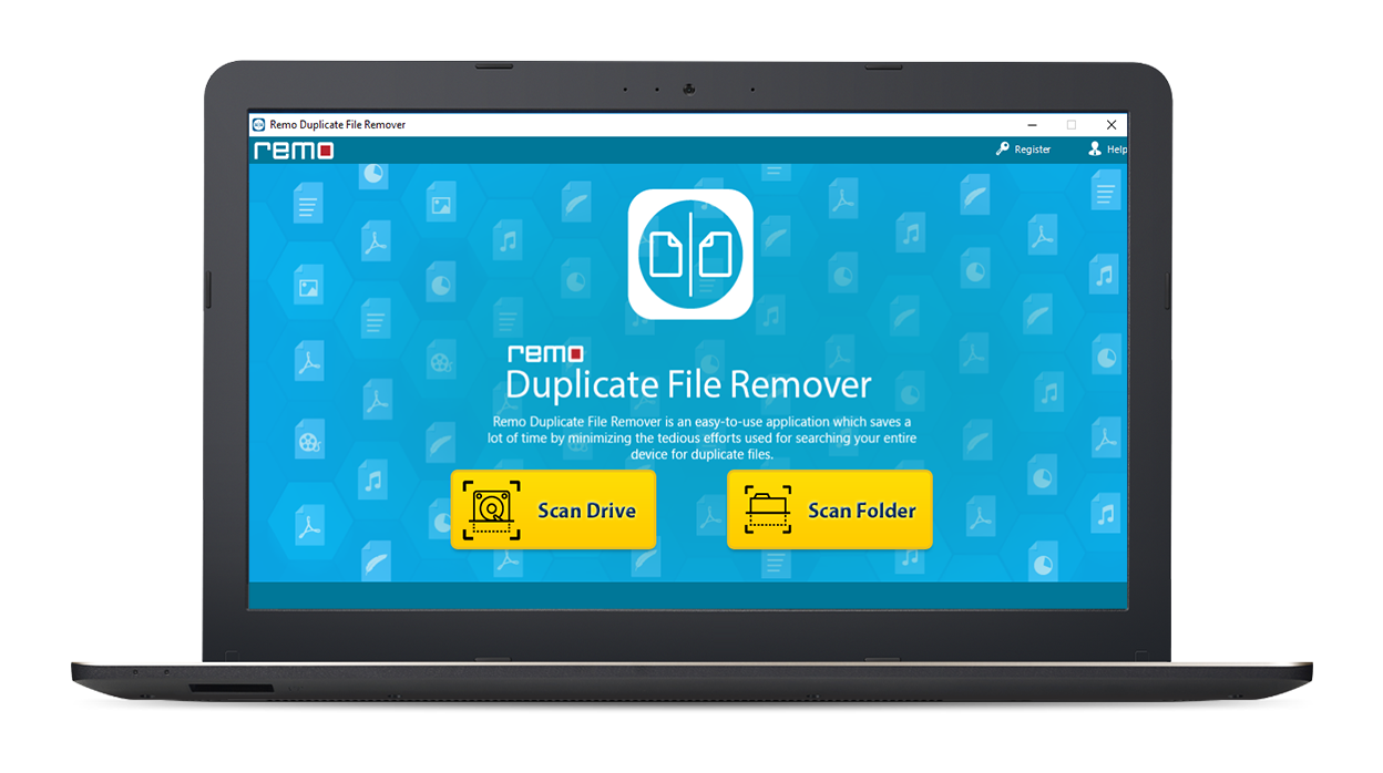 Стартовый экран Remo Duplicate File Remover с кнопками Scan Drive и Scan Folder