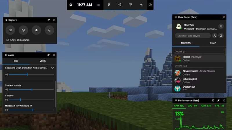 Xbox Game Bar — запись Minecraft