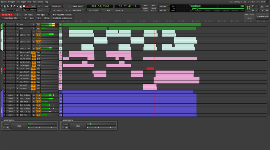 Окно Recorder в Ardour