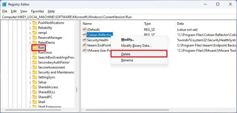 Удаление записи автозагрузки через реестр