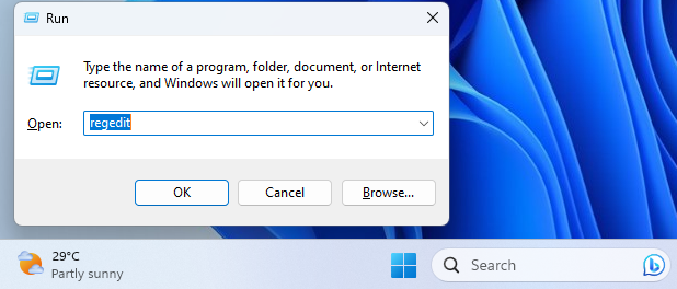 Окно regedit через Run
