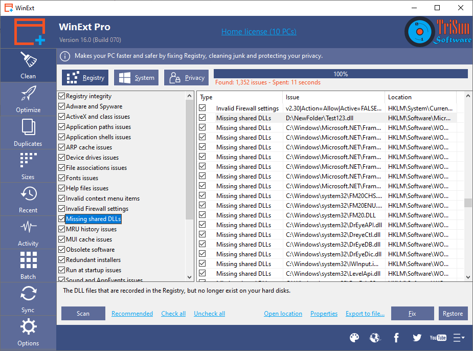 WinExt Free — раздел Clean, вкладка Registry