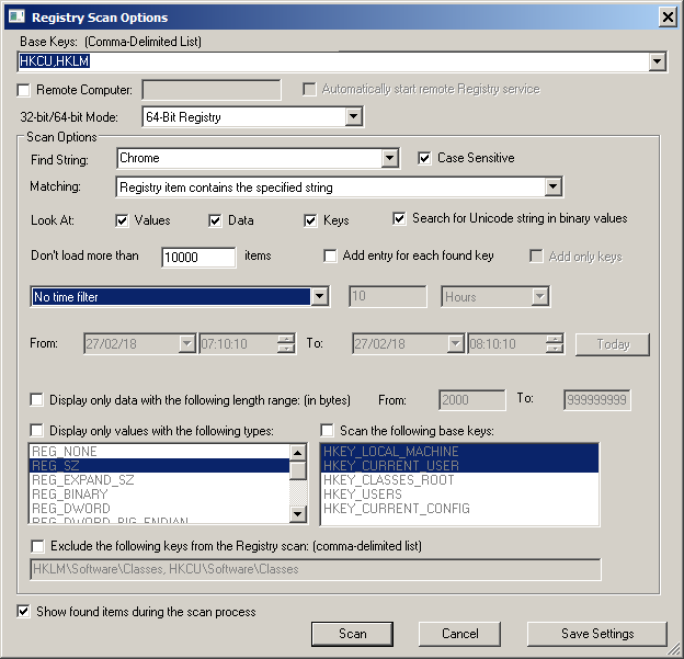 Окно Registry Scan Options в RegScanner