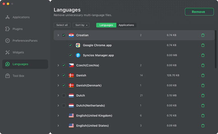 Раздел Languages в DoYourData MacUninstaller