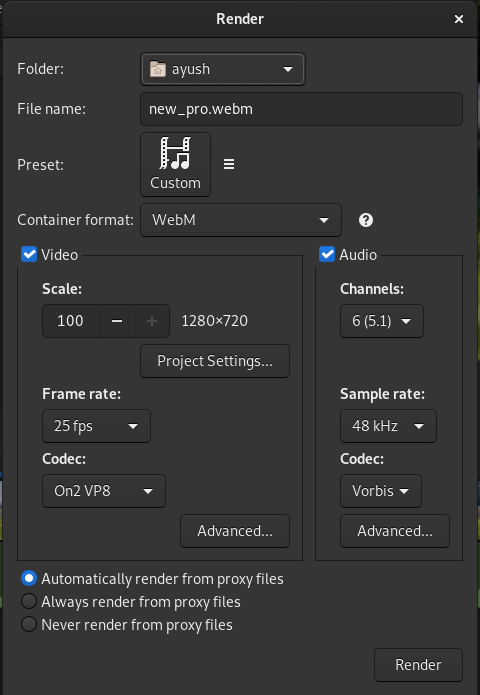 Render dialog в Pitivi: имя файла, пресет, контейнер, видео и аудио