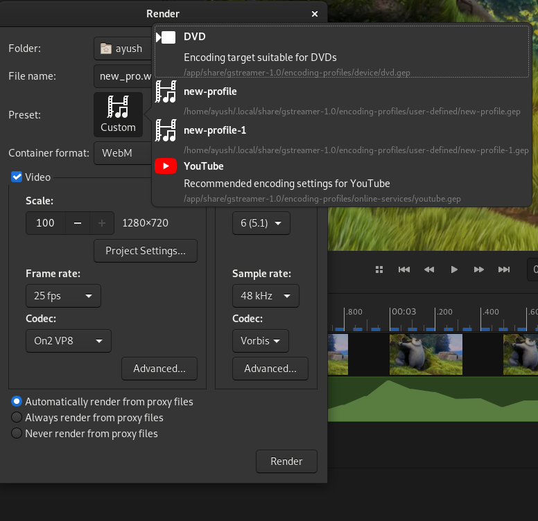 Render dialog с раскрытым списком пресетов