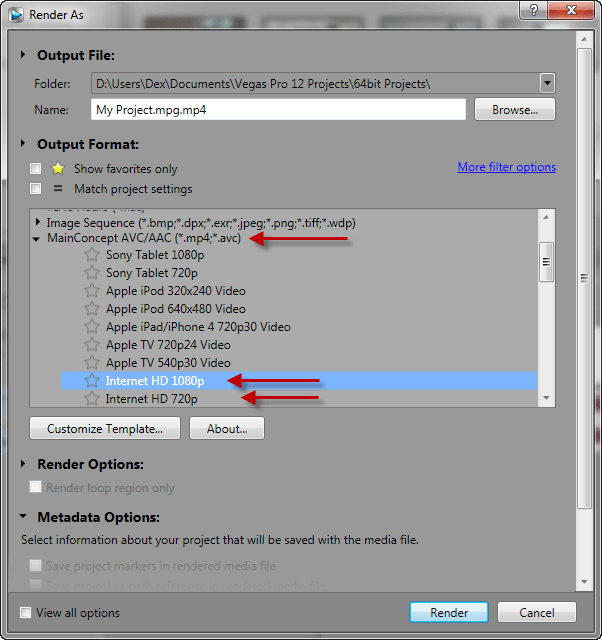 Окно Render As: выбор формата, шаблонов и кнопка Customize Template