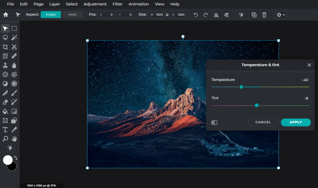 Pixlr E — доводка изображения через корректировки в интерфейсе редактора