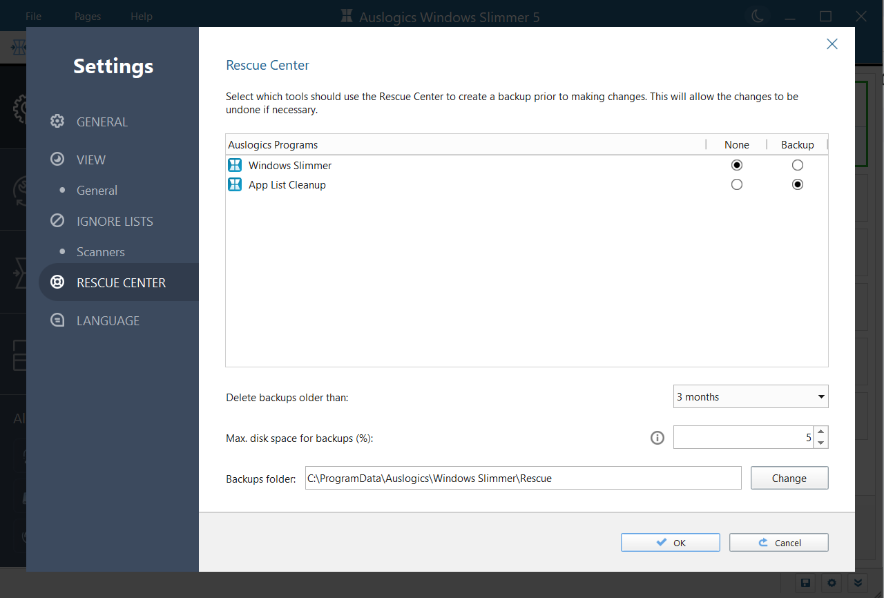 Настройки Rescue Center в Auslogics Windows Slimmer