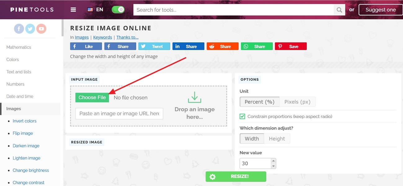 Интерфейс PineTools Resize Image Online с блоком загрузки изображения и настройками размера