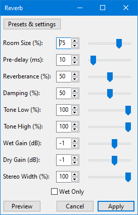 Окно Reverb в Audacity