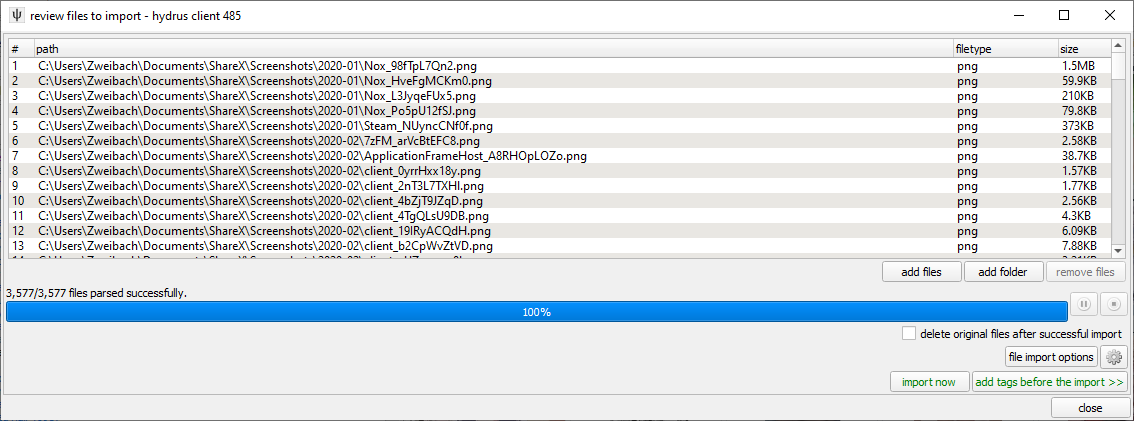 Окно review files to import в Hydrus Network