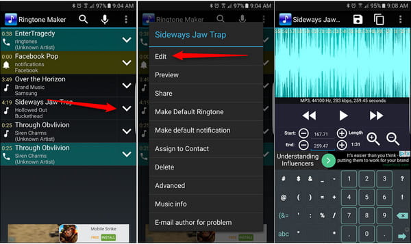 Интерфейс Ringtone Maker с выбором песни и редактированием фрагмента