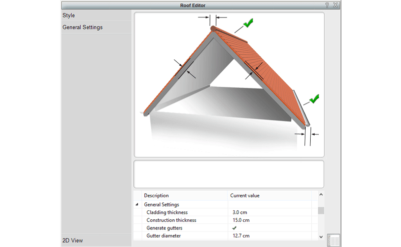 Roof Editor в 3D Architect Home Designer: настройка толщины облицовки, конструкции и водостоков
