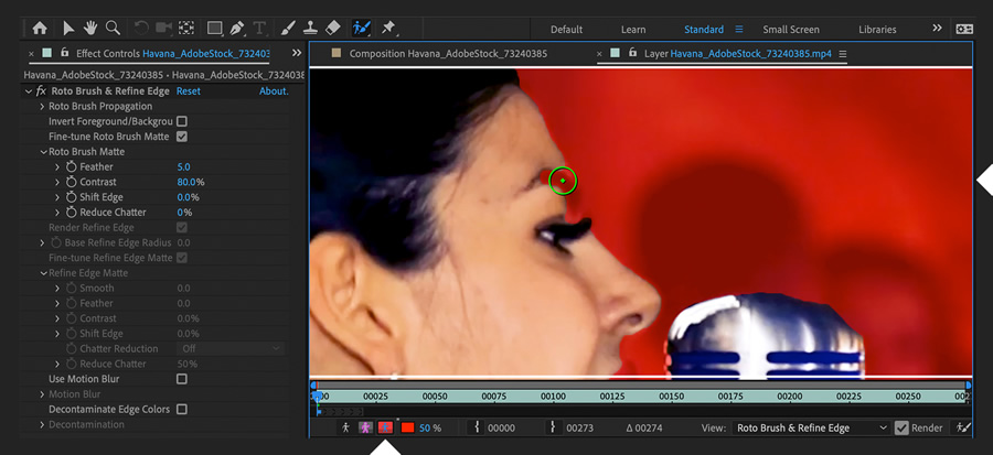 Roto Brush & Refine Edge в After Effects: параметры Feather/Contrast/Shift Edge и работа по кадру