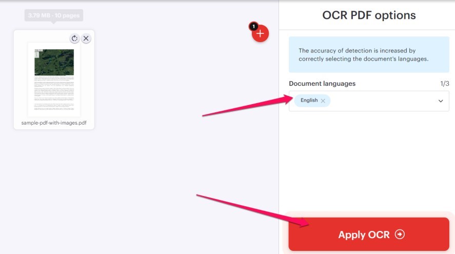 Выбор языков и запуск Apply OCR в iLovePDF