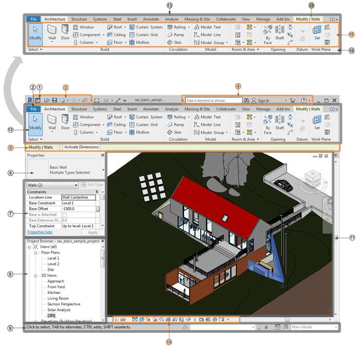 Интерфейс Autodesk Revit: лента вкладок, Project Browser, Properties palette и View Control Bar