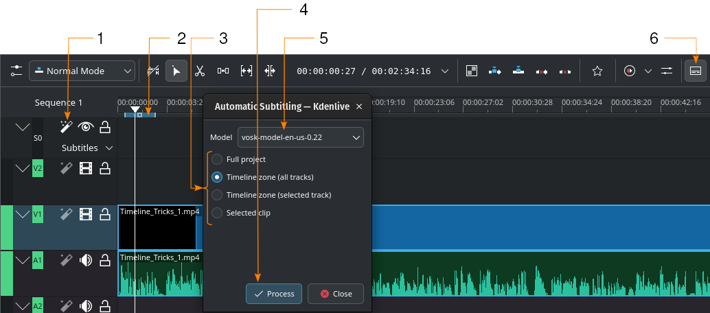 Automatic Subtitling в Kdenlive: выбор модели и запуск Process