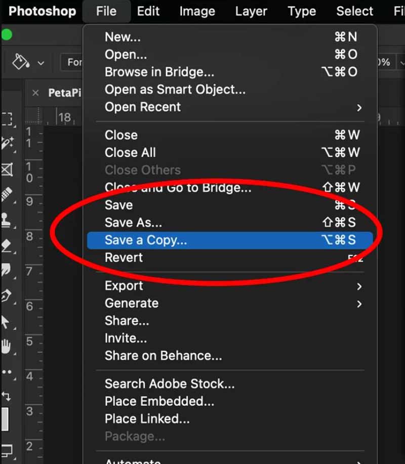 Adobe Photoshop — меню сохранения копии после обработки RAW