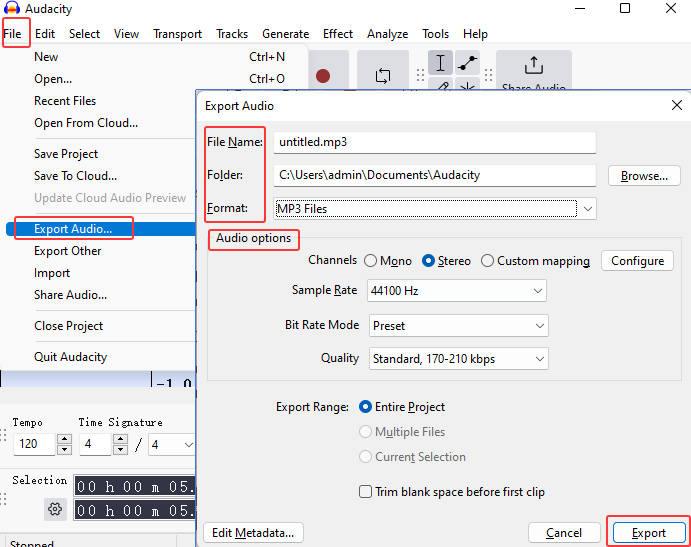 Окно Export Audio в Audacity