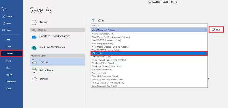 Сохранение Word в PDF через Microsoft Word