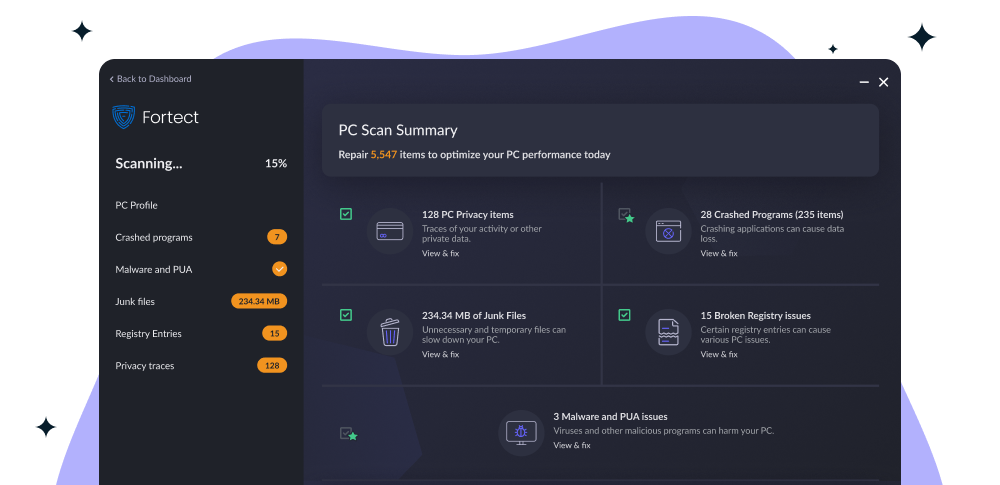 Сводка PC Scan Summary с категориями проверки
