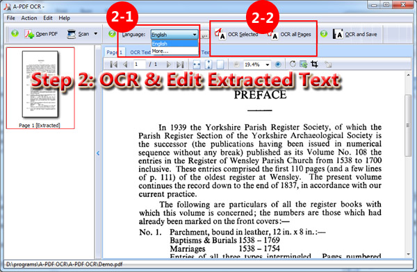 A-PDF OCR: выбор языка и запуск OCR Selected или OCR all Pages