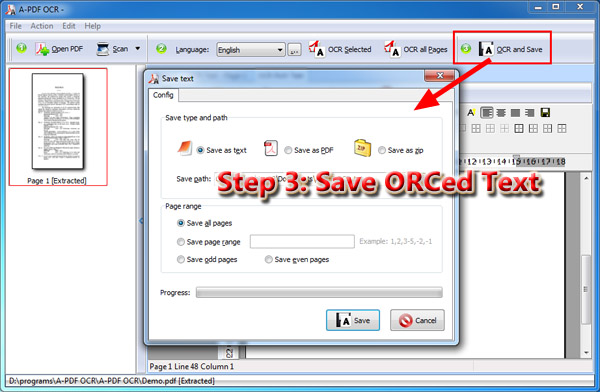 A-PDF OCR: окно OCR and Save с выбором TXT, PDF или ZIP
