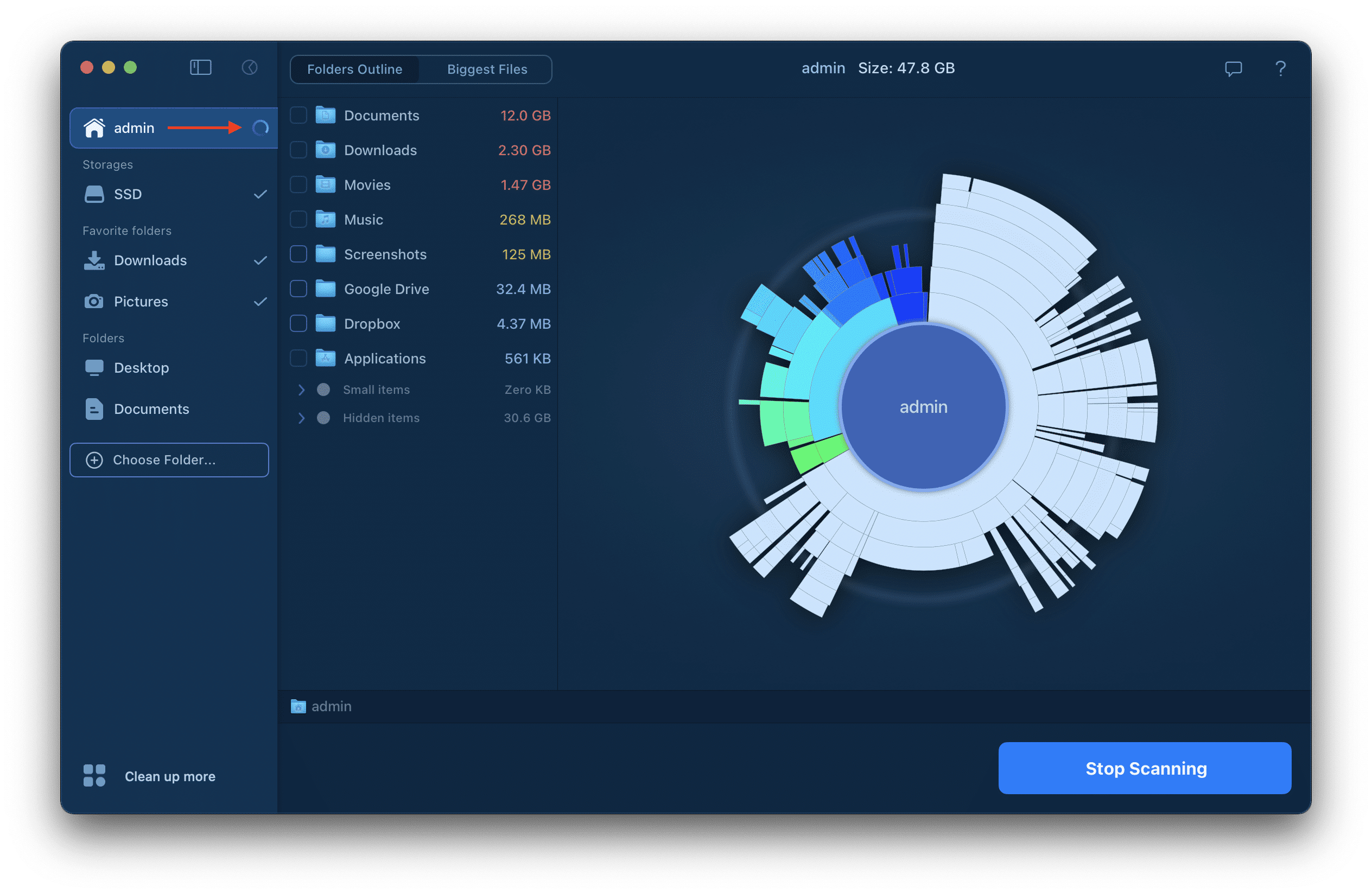 Процесс сканирования в Disk Space Analyzer