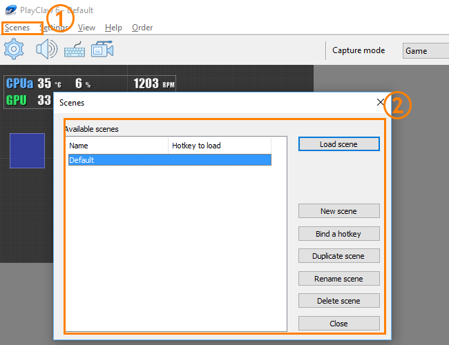 Окно Scenes manager в PlayClaw