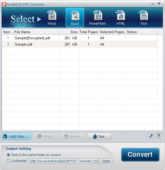 Главное окно AnyBizSoft PDF Converter с выбором формата Excel
