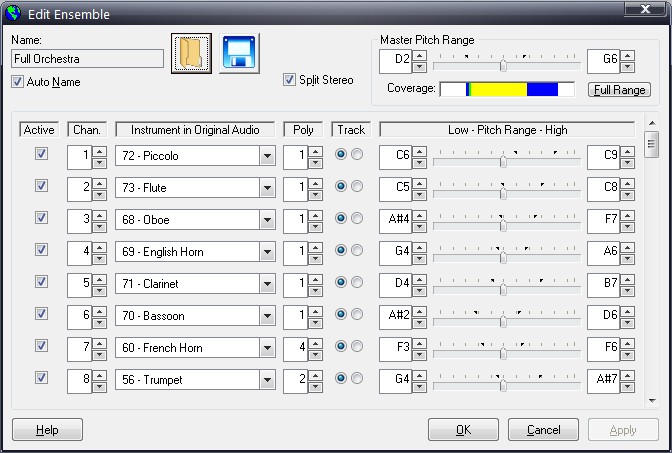 Окно настройки инструментов в intelliScore Ensemble MP3 to MIDI Converter