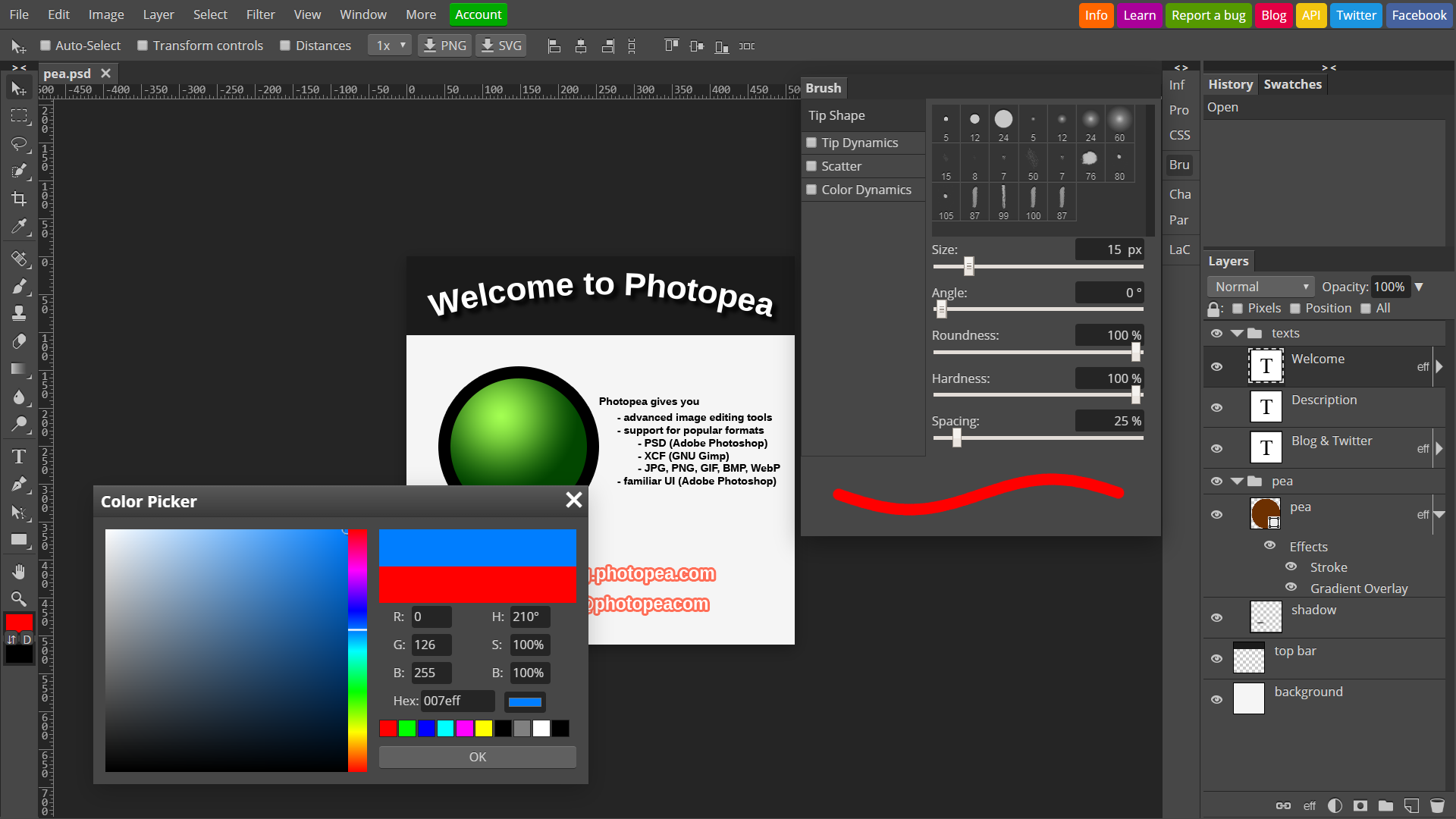 Интерфейс Photopea с инструментами редактирования изображения