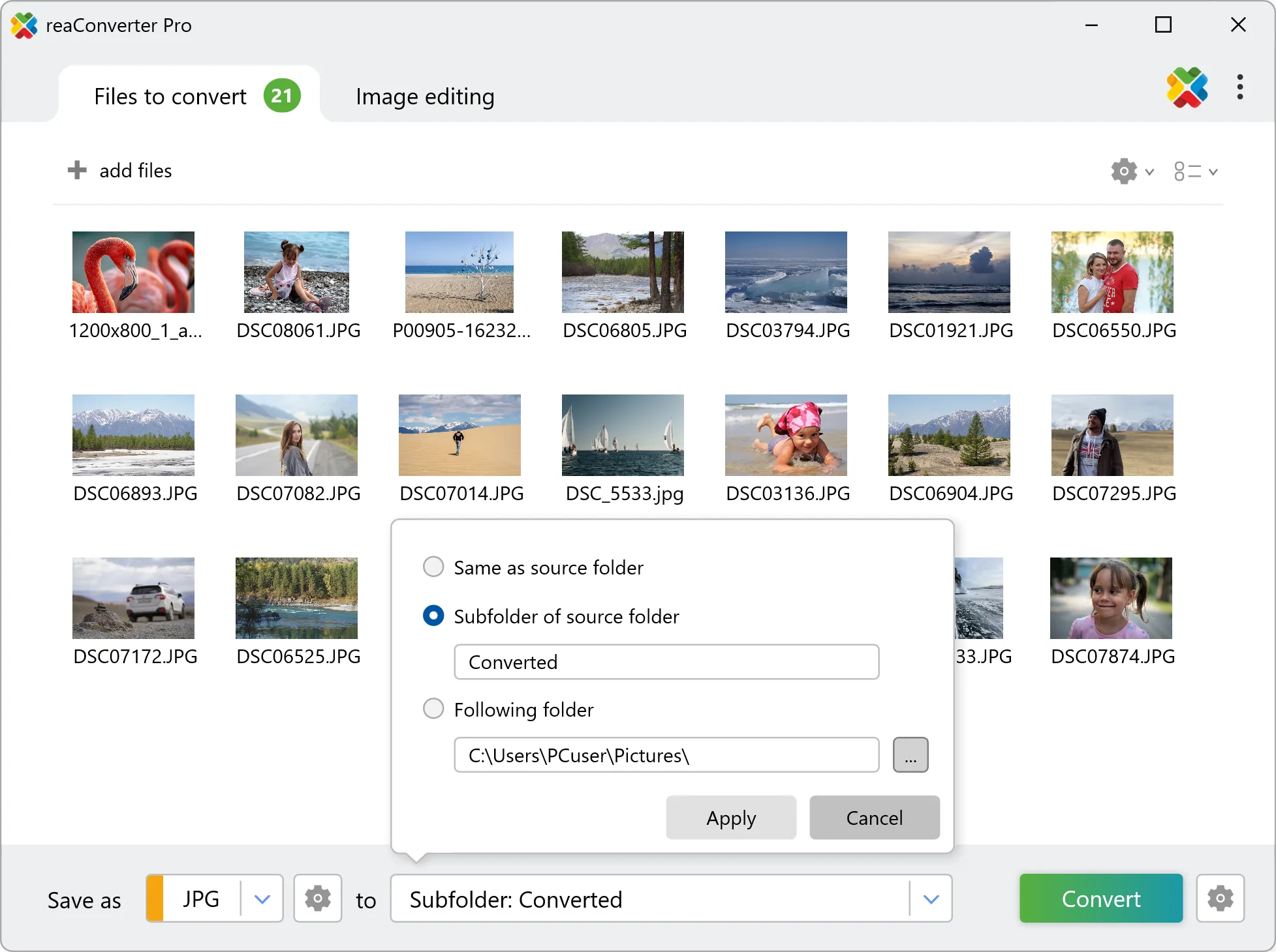 Выбор пути сохранения в reaConverter Pro: Same as source folder, Subfolder of source folder, Following folder