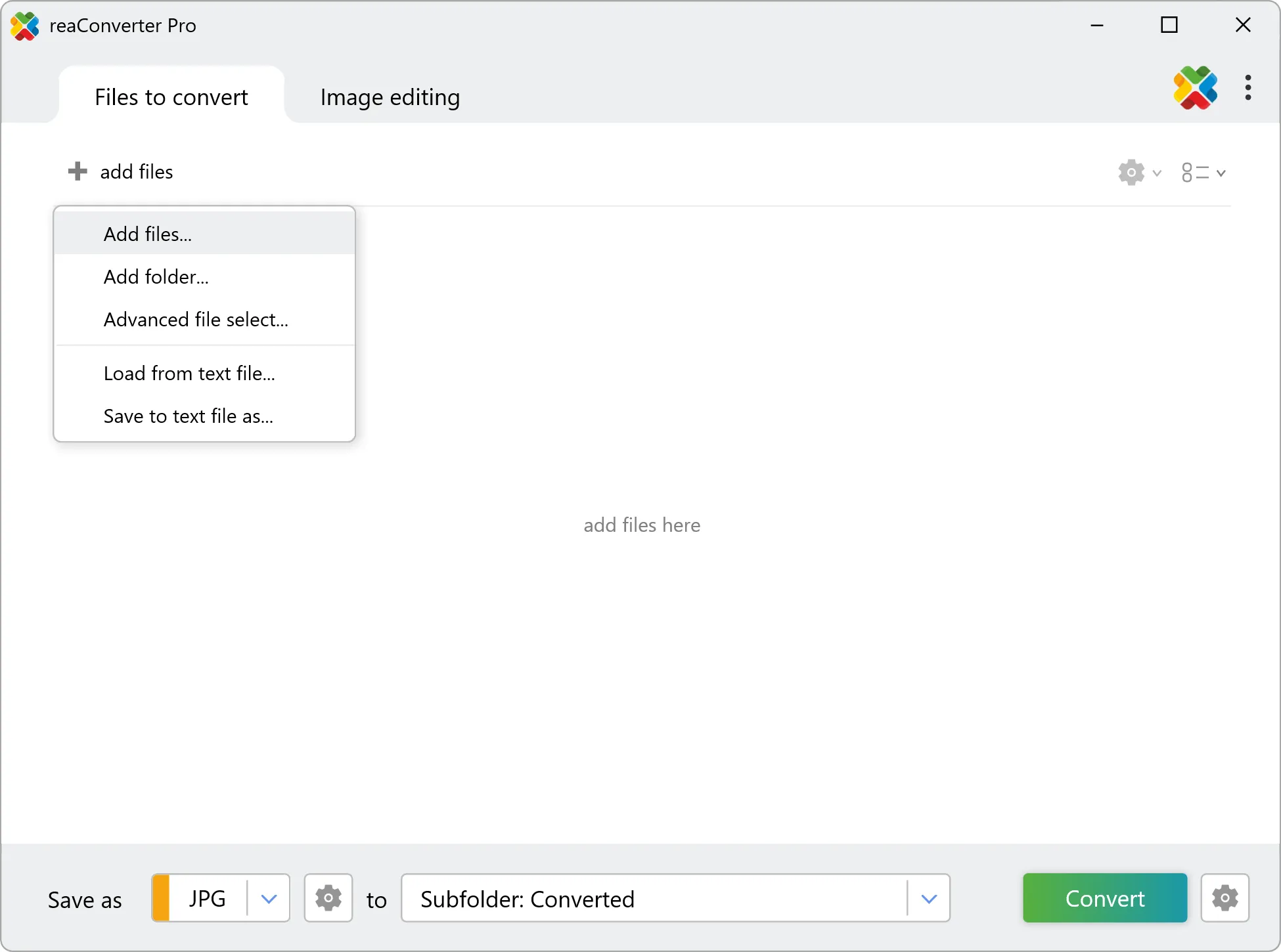 Главное окно reaConverter Pro: вкладка Files to convert, кнопка + add files, нижняя панель Save as и Convert