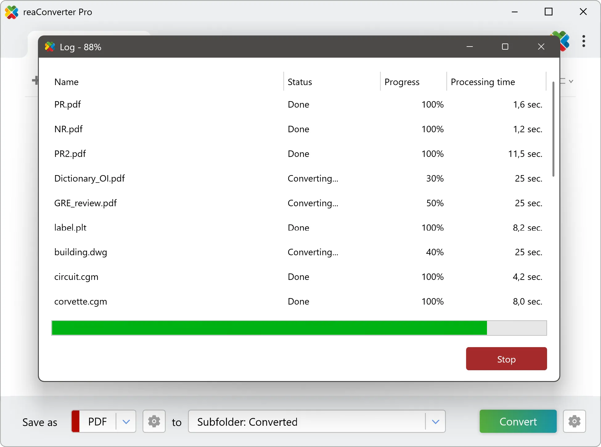 Журнал выполнения reaConverter Pro с прогрессом по каждому файлу