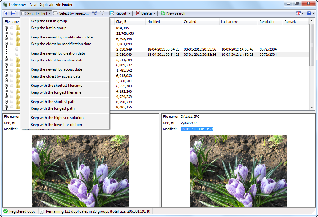 Меню Smart select в Detwinner
