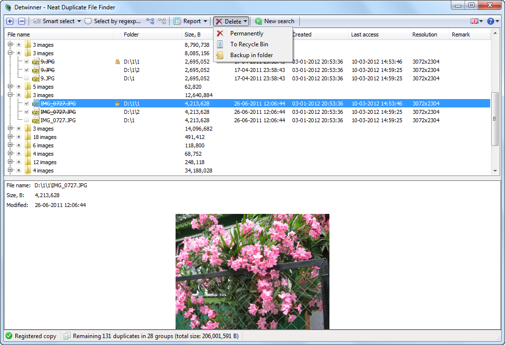 Варианты удаления в меню Delete у Detwinner