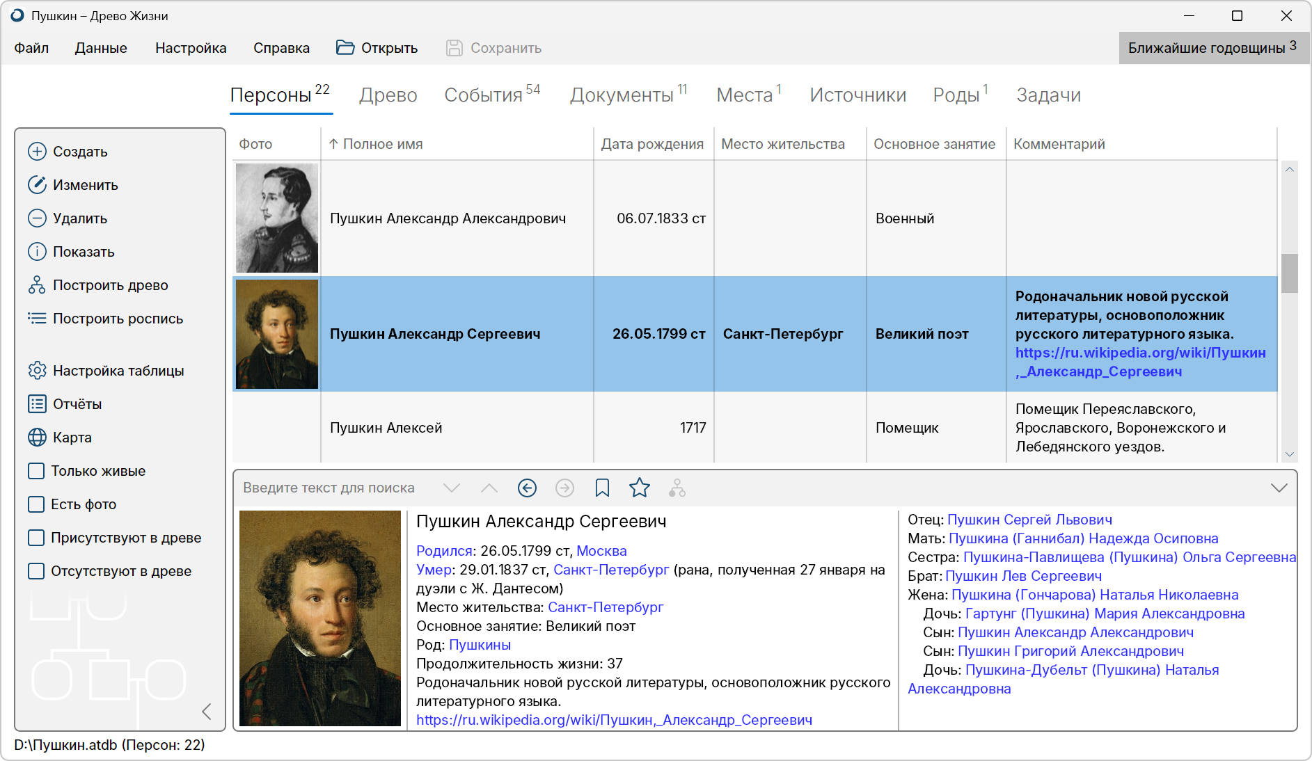 Древо Жизни — список персон и база