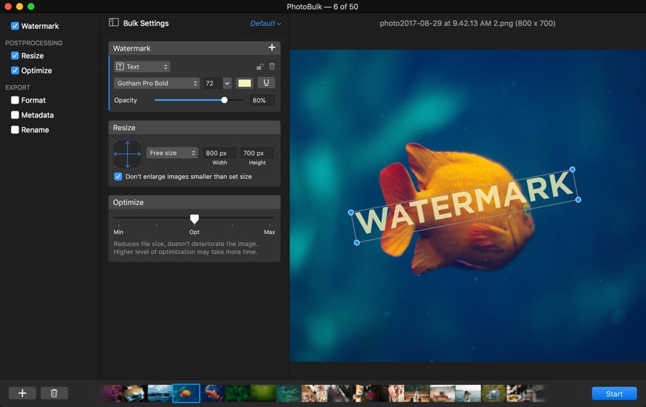 Интерфейс PhotoBulk с активными модулями Watermark, Resize и Optimize