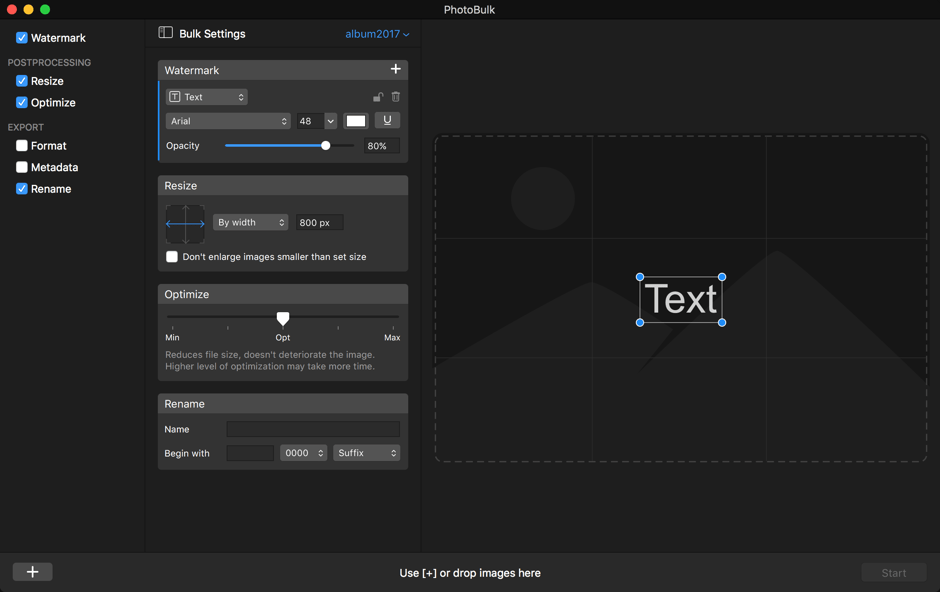 Пресет PhotoBulk с Watermark, Resize, Optimize и Rename