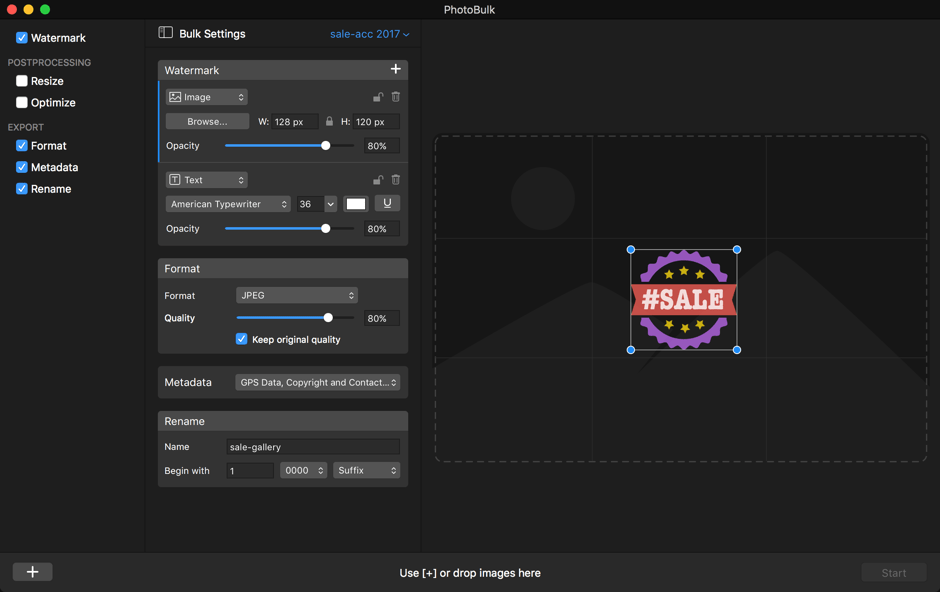 Настройки Format, Metadata и Rename в PhotoBulk