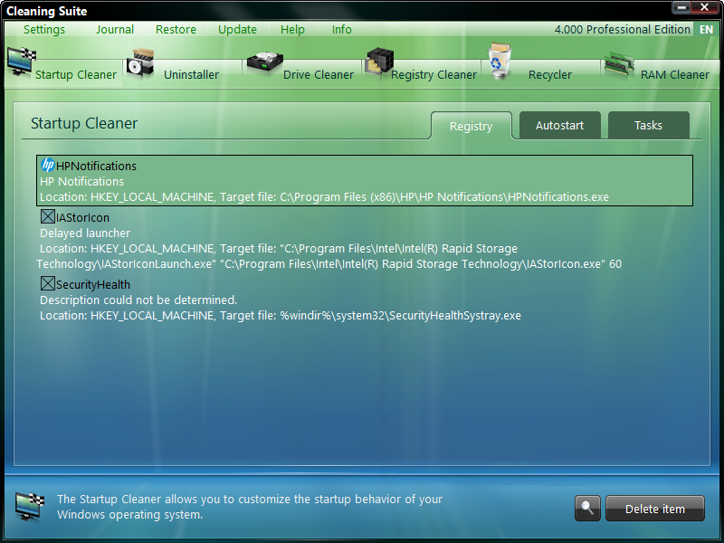 Главное окно ASCOMP Cleaning Suite и модуль Startup Cleaner