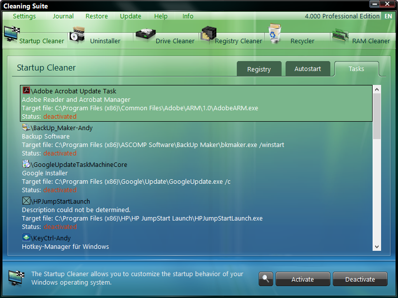 Модуль Startup Cleaner, вкладка Tasks