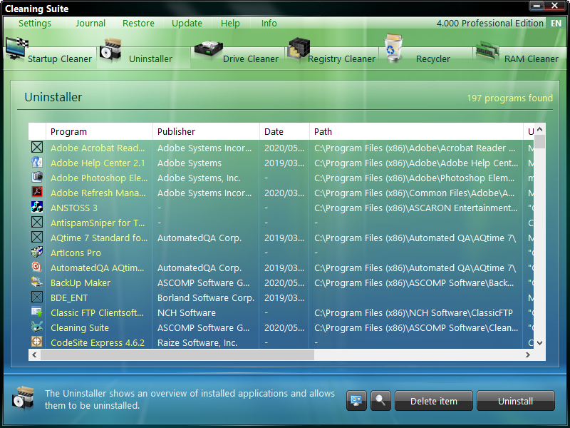 Модуль Uninstaller в ASCOMP Cleaning Suite